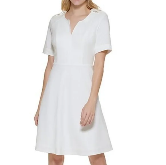 Tommy Hilfiger Split V-Neck Hardware Shoulder Short Sleeve Fit Flare Dress, Womens, 2, Ivory